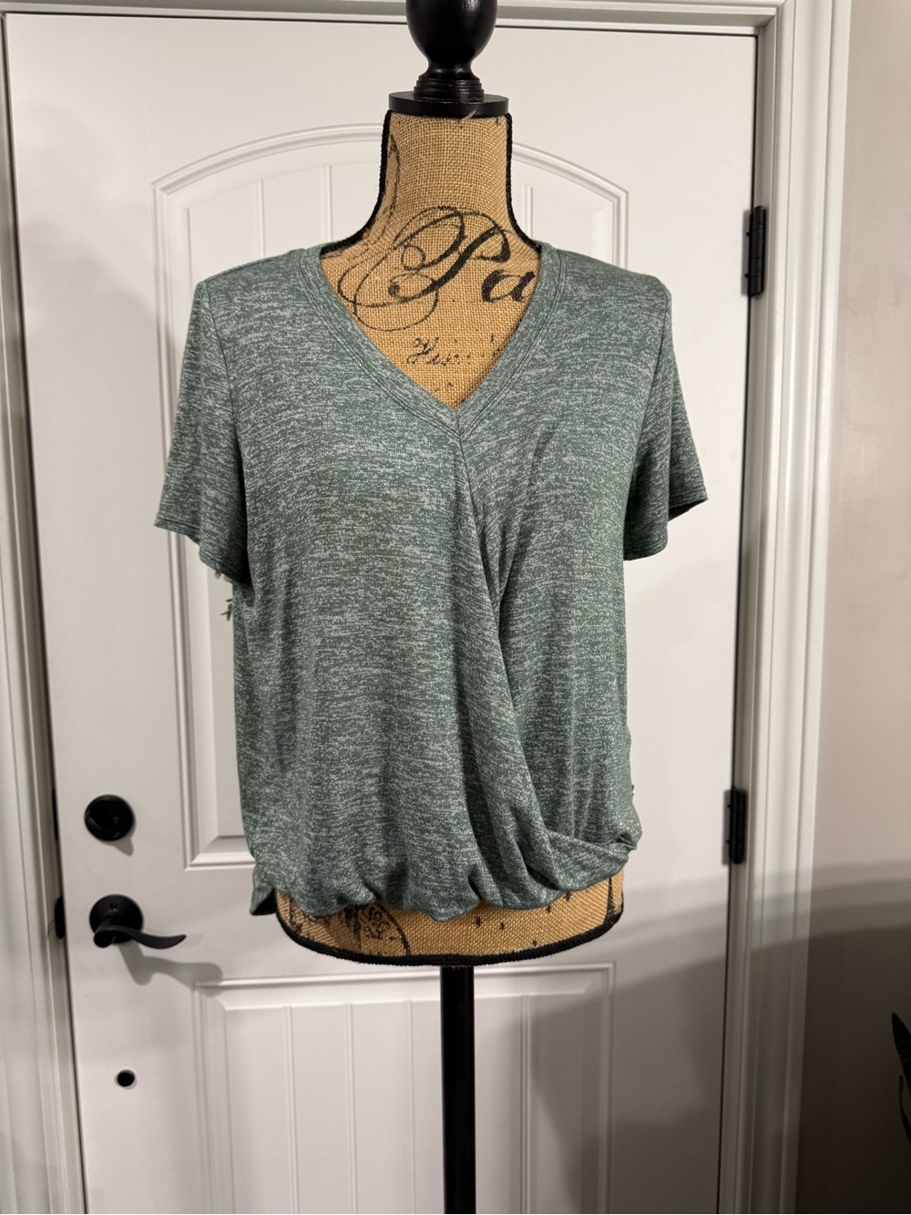 Calvin Klein Heathered Sage Green V-Neck Twist Front Short Sleeve Top